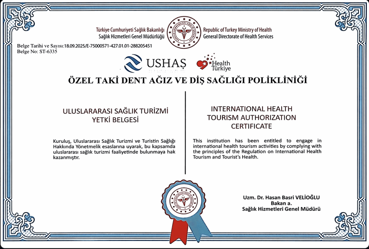 Taki Dent — Turkish Ministry of Health International Health Tourism Authorization certificate ST-6335
